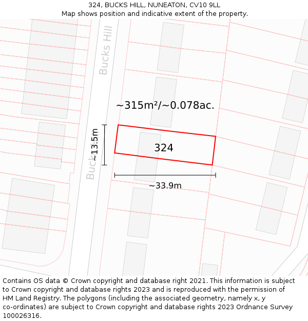 324, BUCKS HILL, NUNEATON, CV10 9LL: Plot and title map