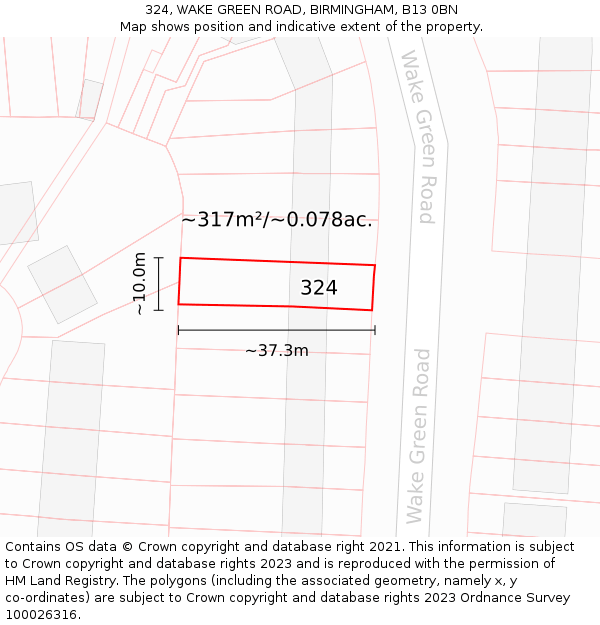 324, WAKE GREEN ROAD, BIRMINGHAM, B13 0BN: Plot and title map