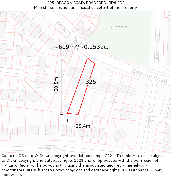 325, BEACON ROAD, BRADFORD, BD6 3DF: Plot and title map