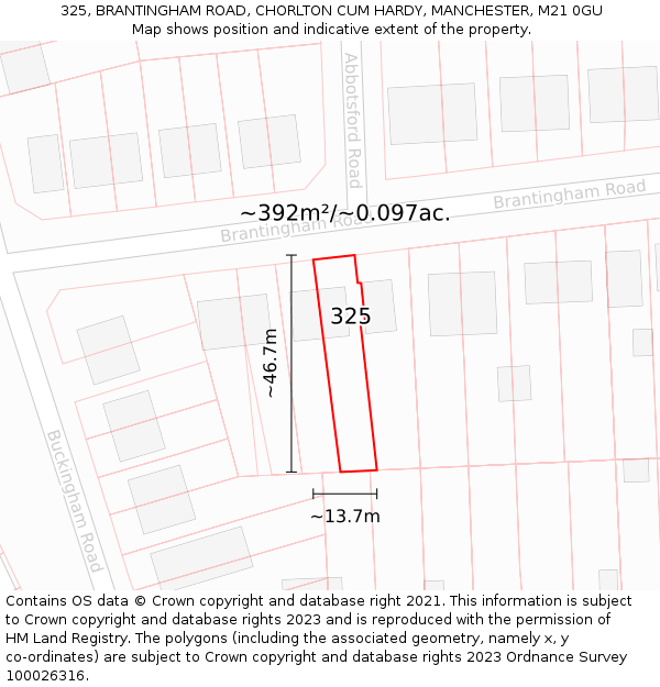 325, BRANTINGHAM ROAD, CHORLTON CUM HARDY, MANCHESTER, M21 0GU: Plot and title map