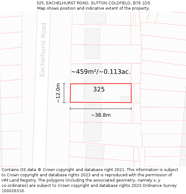 325, EACHELHURST ROAD, SUTTON COLDFIELD, B76 1DS: Plot and title map