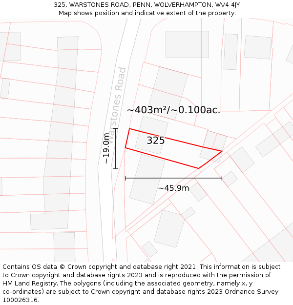 325, WARSTONES ROAD, PENN, WOLVERHAMPTON, WV4 4JY: Plot and title map