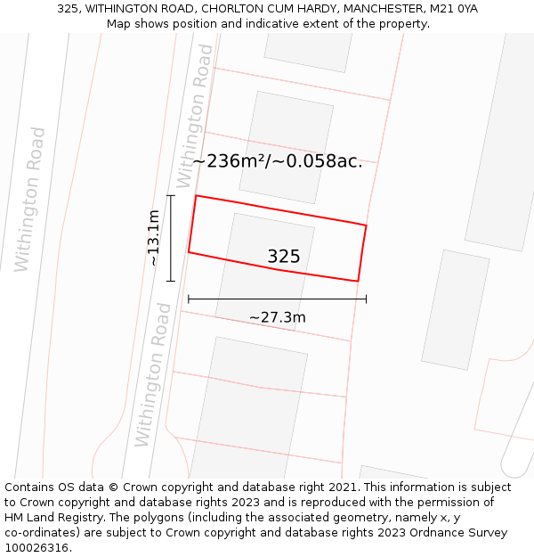 325, WITHINGTON ROAD, CHORLTON CUM HARDY, MANCHESTER, M21 0YA: Plot and title map