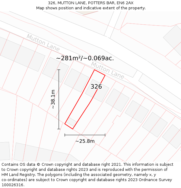 326, MUTTON LANE, POTTERS BAR, EN6 2AX: Plot and title map