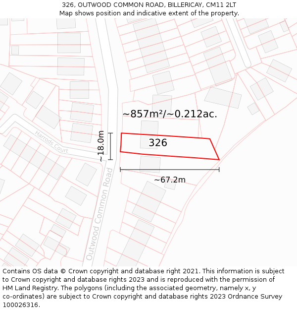 326, OUTWOOD COMMON ROAD, BILLERICAY, CM11 2LT: Plot and title map