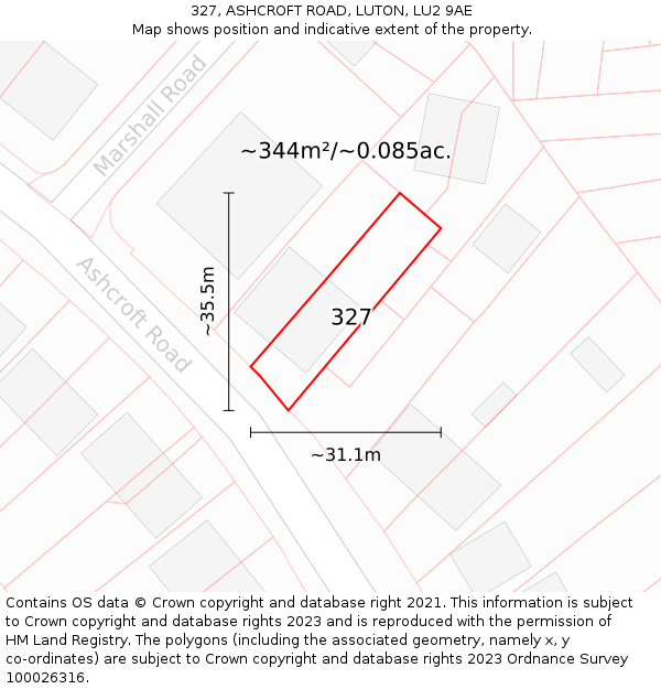 327, ASHCROFT ROAD, LUTON, LU2 9AE: Plot and title map