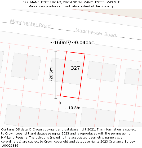 327, MANCHESTER ROAD, DROYLSDEN, MANCHESTER, M43 6HF: Plot and title map