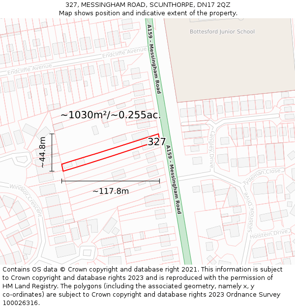 327, MESSINGHAM ROAD, SCUNTHORPE, DN17 2QZ: Plot and title map