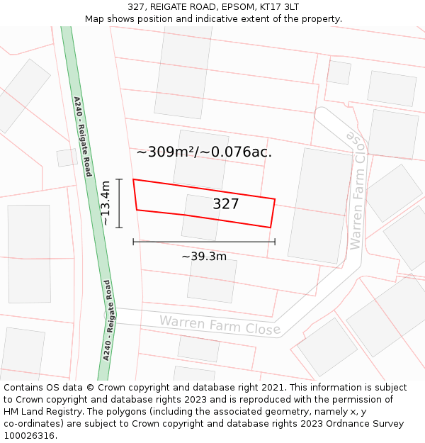 327, REIGATE ROAD, EPSOM, KT17 3LT: Plot and title map