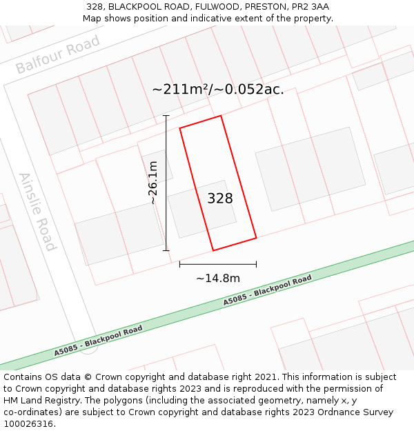 328, BLACKPOOL ROAD, FULWOOD, PRESTON, PR2 3AA: Plot and title map