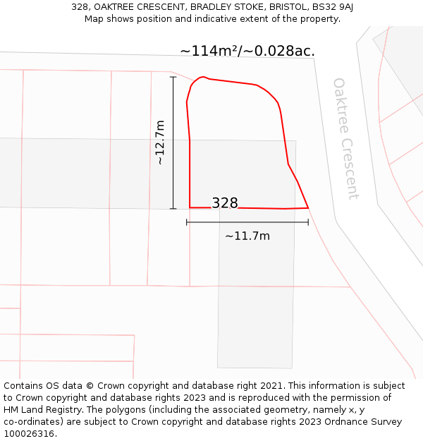 328, OAKTREE CRESCENT, BRADLEY STOKE, BRISTOL, BS32 9AJ: Plot and title map