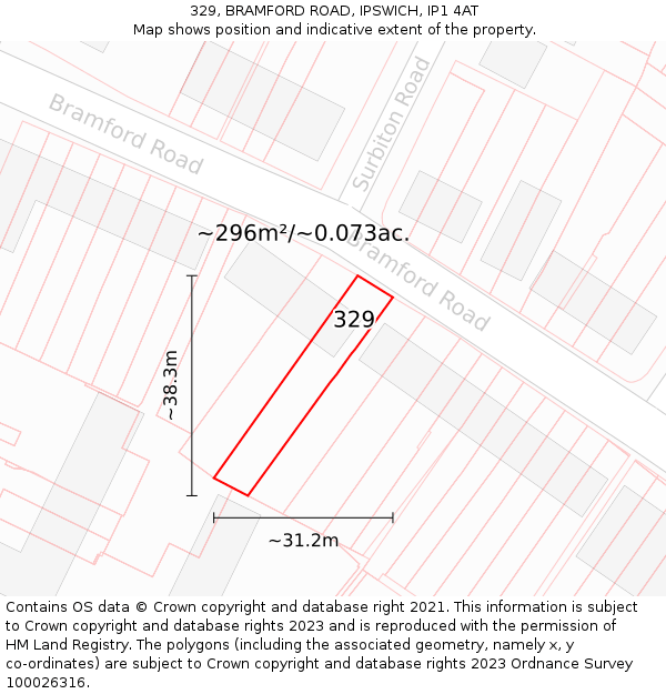 329, BRAMFORD ROAD, IPSWICH, IP1 4AT: Plot and title map