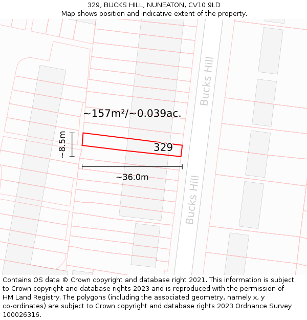 329, BUCKS HILL, NUNEATON, CV10 9LD: Plot and title map