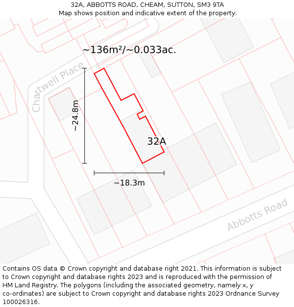 32A, ABBOTTS ROAD, CHEAM, SUTTON, SM3 9TA: Plot and title map
