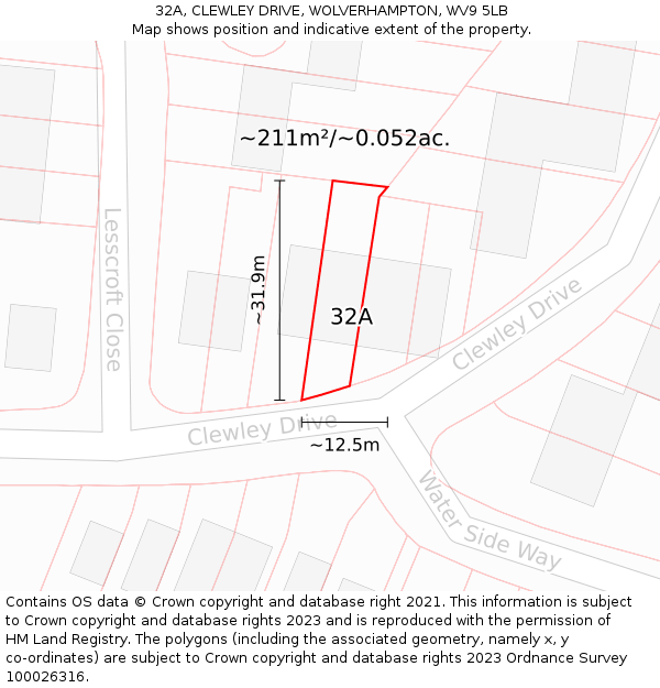 32A, CLEWLEY DRIVE, WOLVERHAMPTON, WV9 5LB: Plot and title map