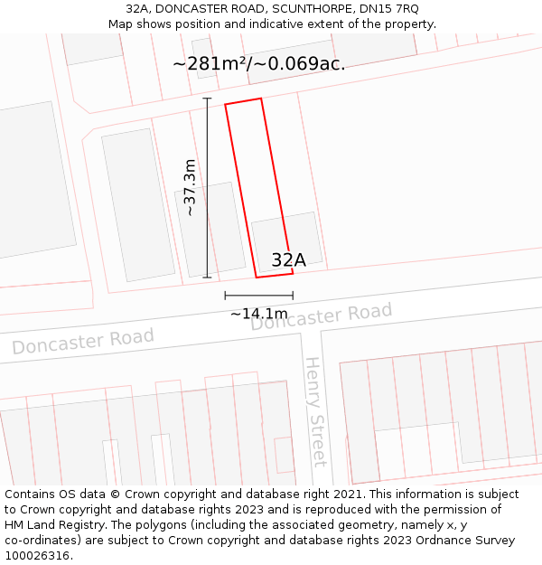 32A, DONCASTER ROAD, SCUNTHORPE, DN15 7RQ: Plot and title map