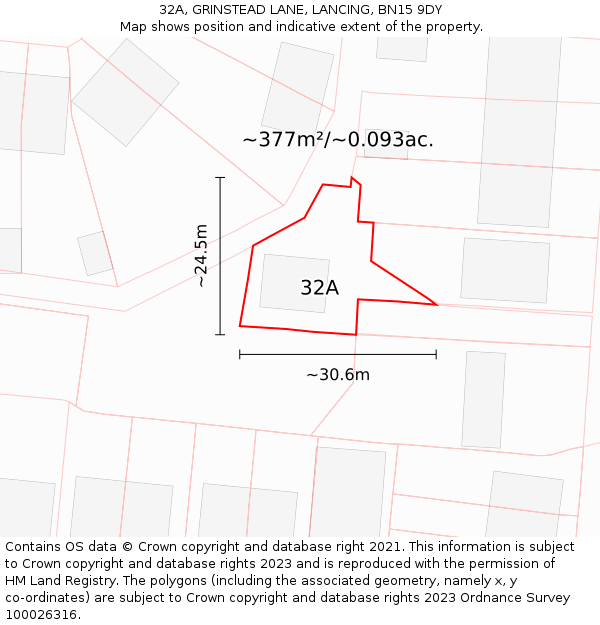 32A, GRINSTEAD LANE, LANCING, BN15 9DY: Plot and title map