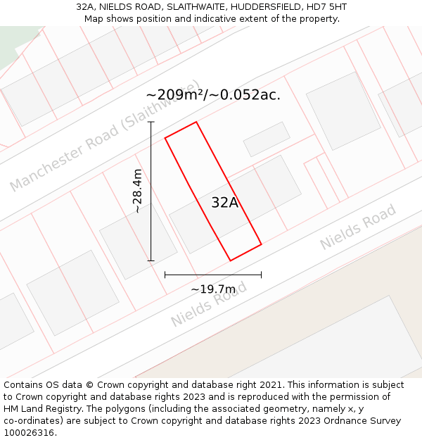 32A, NIELDS ROAD, SLAITHWAITE, HUDDERSFIELD, HD7 5HT: Plot and title map