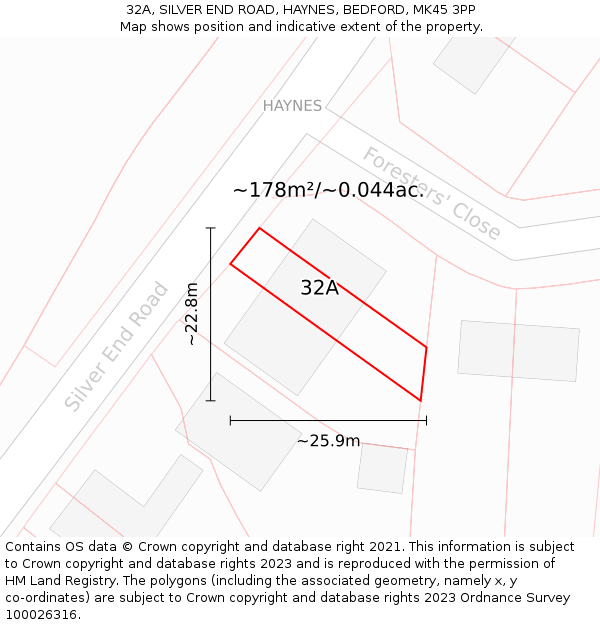 32A, SILVER END ROAD, HAYNES, BEDFORD, MK45 3PP: Plot and title map