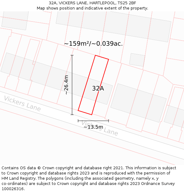 32A, VICKERS LANE, HARTLEPOOL, TS25 2BF: Plot and title map