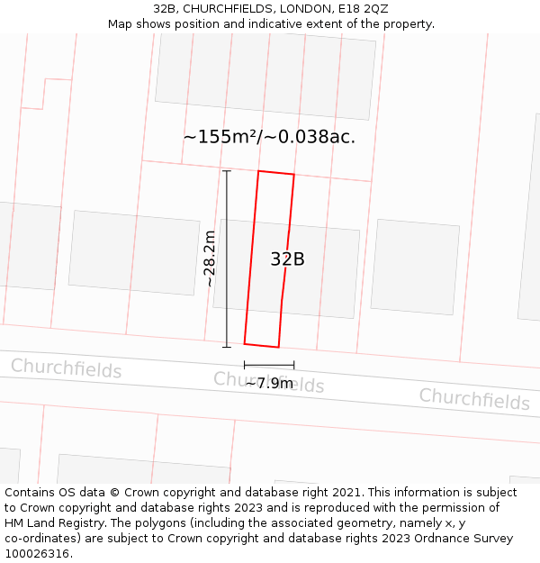 32B, CHURCHFIELDS, LONDON, E18 2QZ: Plot and title map