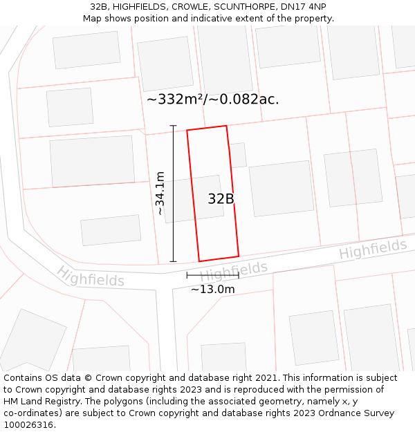 32B, HIGHFIELDS, CROWLE, SCUNTHORPE, DN17 4NP: Plot and title map