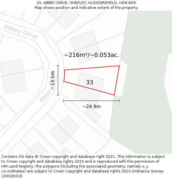 33, ABBEY DRIVE, SHEPLEY, HUDDERSFIELD, HD8 8DX: Plot and title map