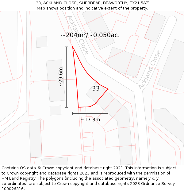 33, ACKLAND CLOSE, SHEBBEAR, BEAWORTHY, EX21 5AZ: Plot and title map