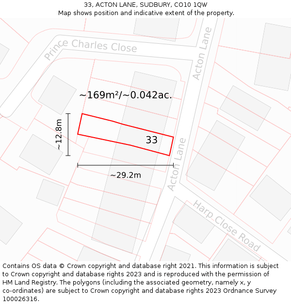 33, ACTON LANE, SUDBURY, CO10 1QW: Plot and title map