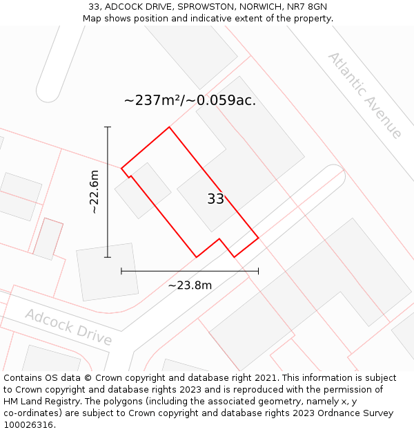 33, ADCOCK DRIVE, SPROWSTON, NORWICH, NR7 8GN: Plot and title map