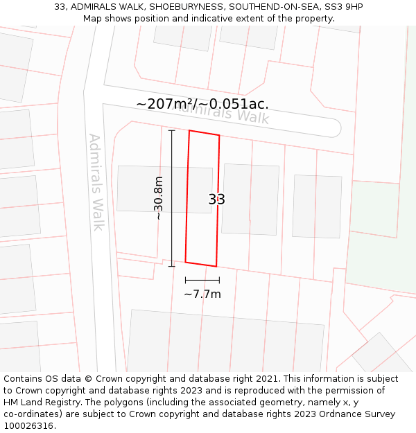 33, ADMIRALS WALK, SHOEBURYNESS, SOUTHEND-ON-SEA, SS3 9HP: Plot and title map