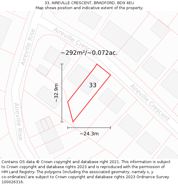 33, AIREVILLE CRESCENT, BRADFORD, BD9 4EU: Plot and title map