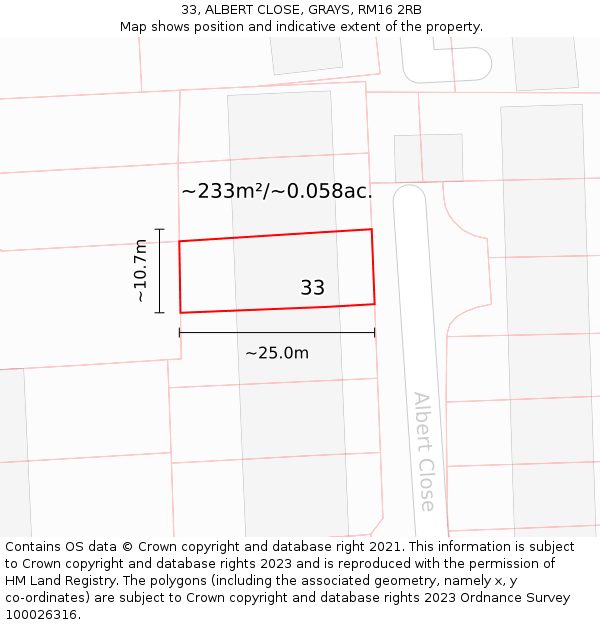33, ALBERT CLOSE, GRAYS, RM16 2RB: Plot and title map