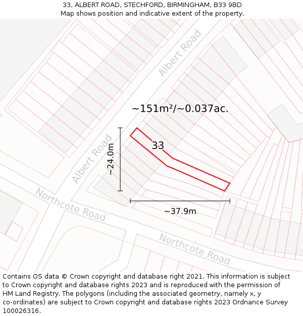 33, ALBERT ROAD, STECHFORD, BIRMINGHAM, B33 9BD: Plot and title map