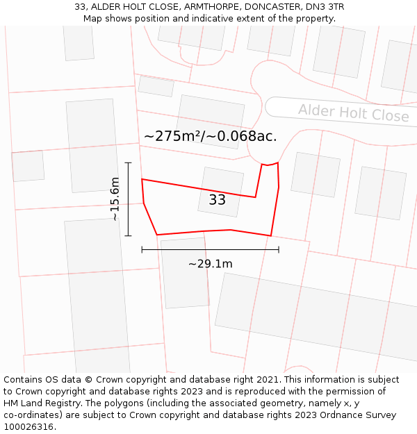 33, ALDER HOLT CLOSE, ARMTHORPE, DONCASTER, DN3 3TR: Plot and title map