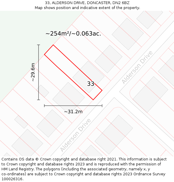 33, ALDERSON DRIVE, DONCASTER, DN2 6BZ: Plot and title map