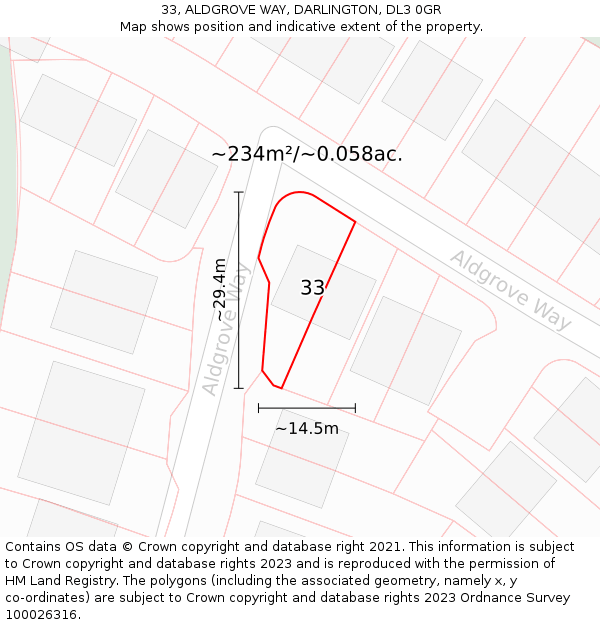 33, ALDGROVE WAY, DARLINGTON, DL3 0GR: Plot and title map