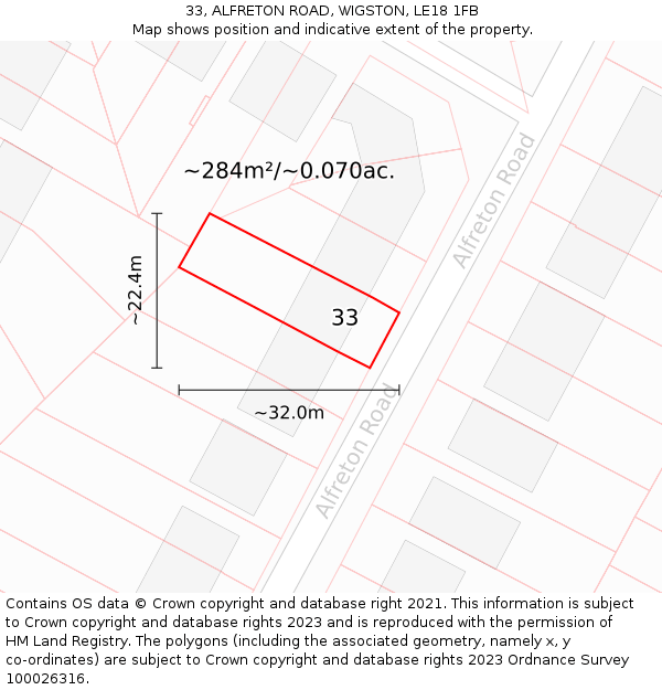 33, ALFRETON ROAD, WIGSTON, LE18 1FB: Plot and title map