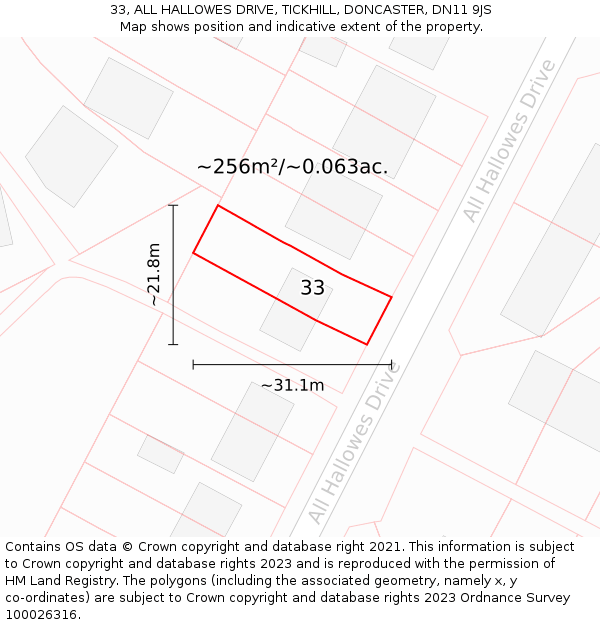 33, ALL HALLOWES DRIVE, TICKHILL, DONCASTER, DN11 9JS: Plot and title map