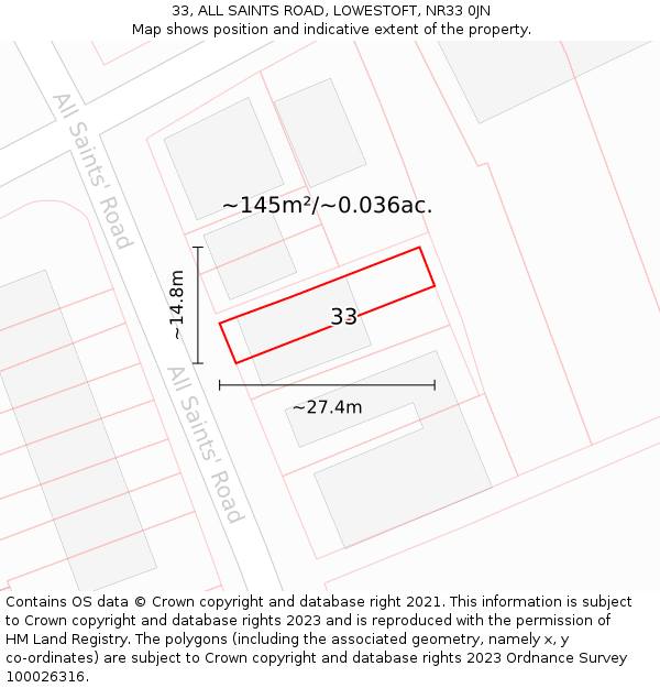 33, ALL SAINTS ROAD, LOWESTOFT, NR33 0JN: Plot and title map