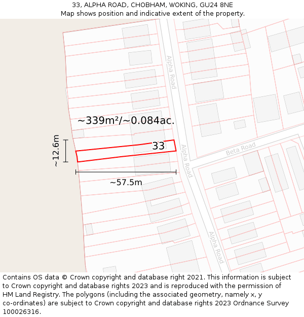 33, ALPHA ROAD, CHOBHAM, WOKING, GU24 8NE: Plot and title map