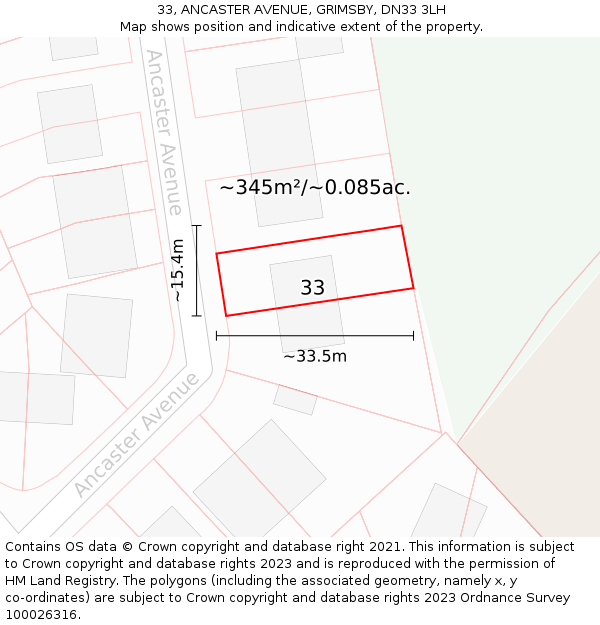 33, ANCASTER AVENUE, GRIMSBY, DN33 3LH: Plot and title map