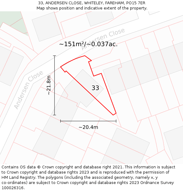 33, ANDERSEN CLOSE, WHITELEY, FAREHAM, PO15 7ER: Plot and title map