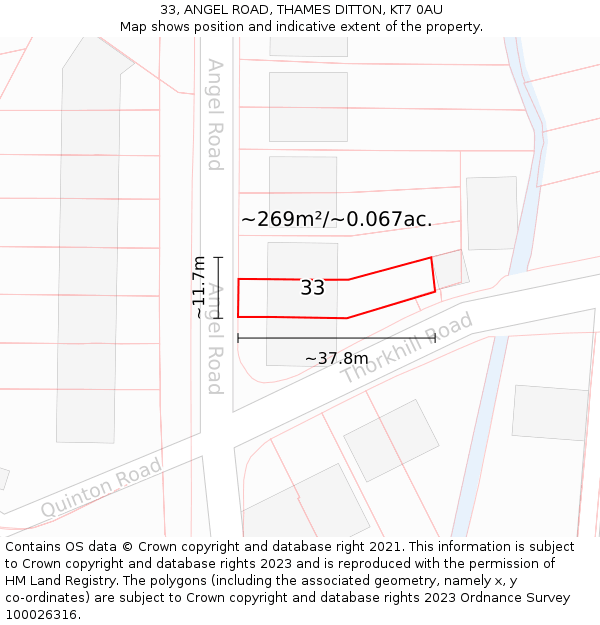33, ANGEL ROAD, THAMES DITTON, KT7 0AU: Plot and title map