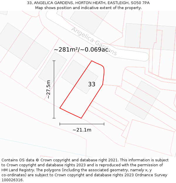 33, ANGELICA GARDENS, HORTON HEATH, EASTLEIGH, SO50 7PA: Plot and title map