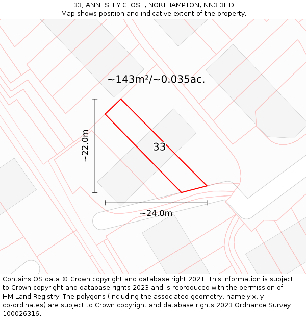 33, ANNESLEY CLOSE, NORTHAMPTON, NN3 3HD: Plot and title map