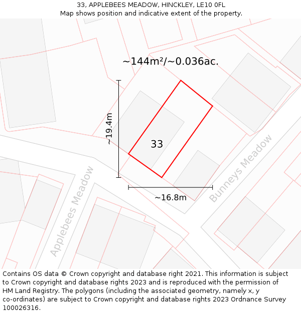 33, APPLEBEES MEADOW, HINCKLEY, LE10 0FL: Plot and title map