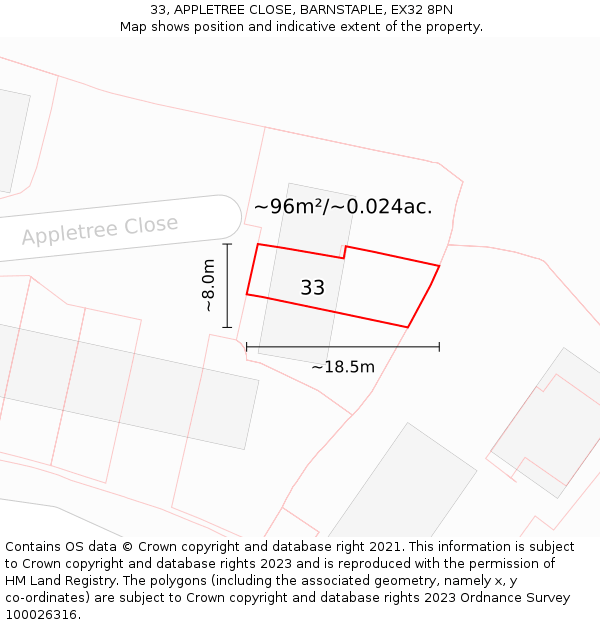 33, APPLETREE CLOSE, BARNSTAPLE, EX32 8PN: Plot and title map