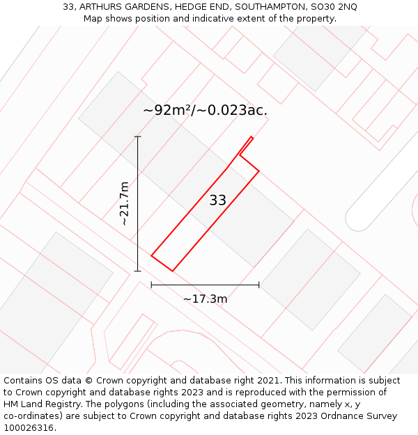 33, ARTHURS GARDENS, HEDGE END, SOUTHAMPTON, SO30 2NQ: Plot and title map