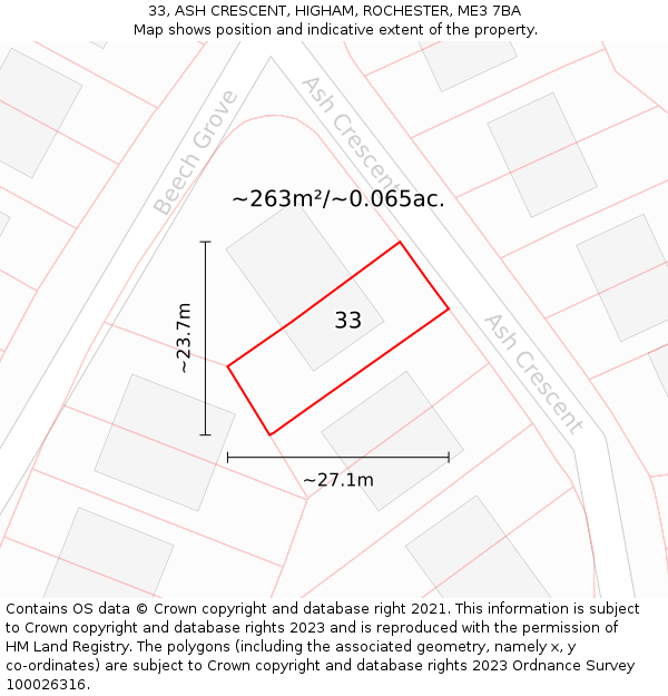33, ASH CRESCENT, HIGHAM, ROCHESTER, ME3 7BA: Plot and title map